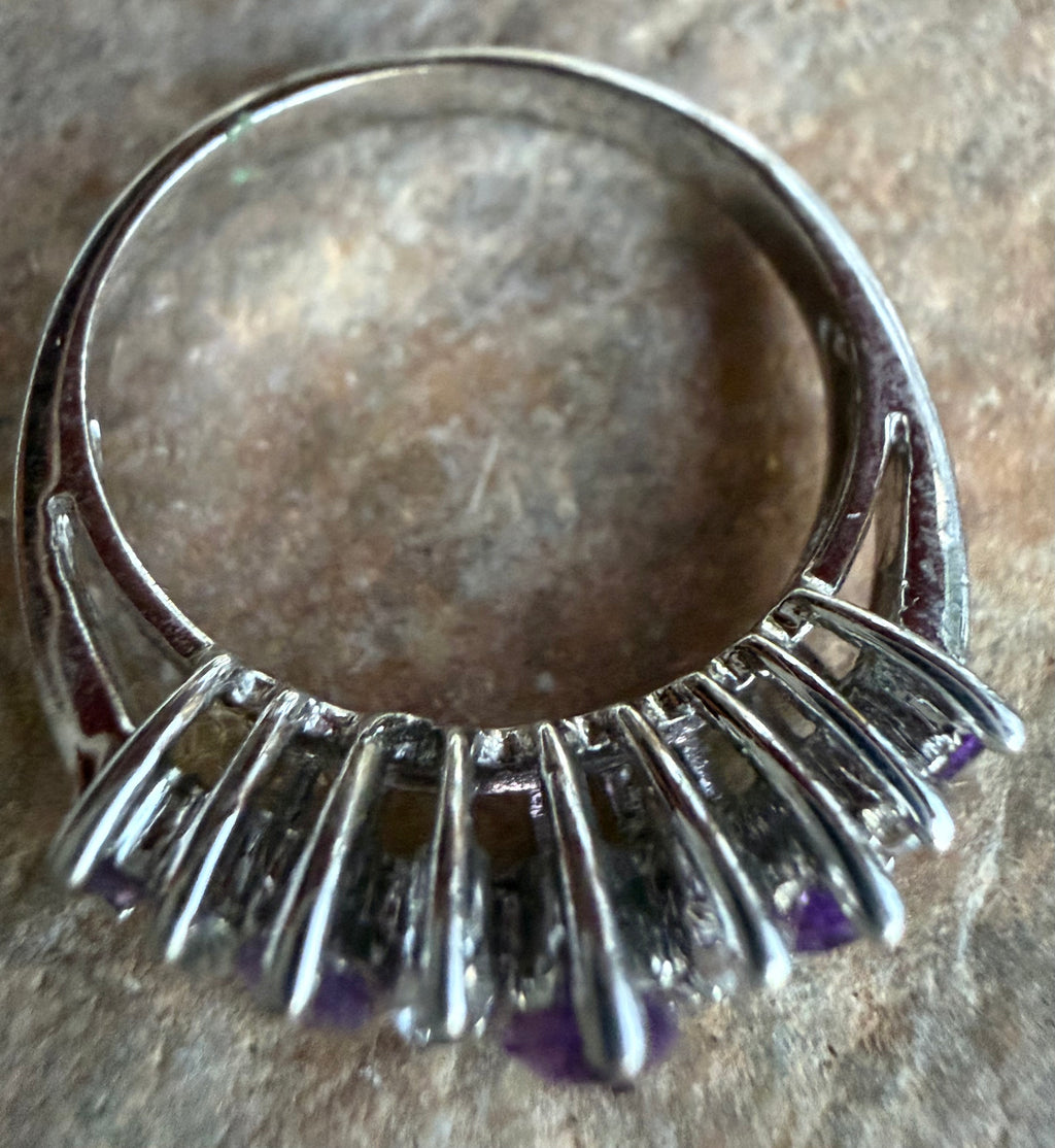 Silver tone amethyst and clear cubic zirconia ring