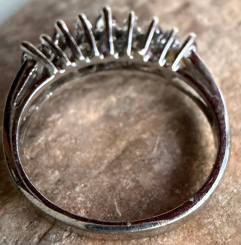 Silver tone amethyst and clear cubic zirconia ring